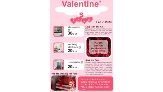 One Pager Valentines Day Sale Promotional Newsletter PDF Document PPT Template