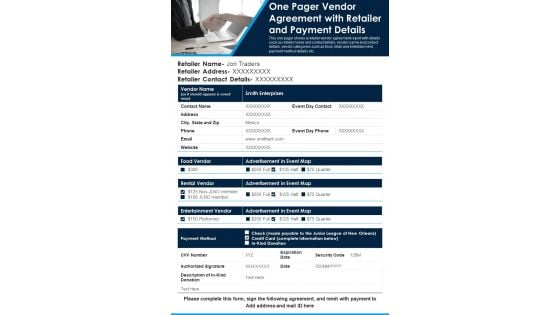 One Pager Vendor Agreement With Retailer And Payment Details PDF Document PPT Template