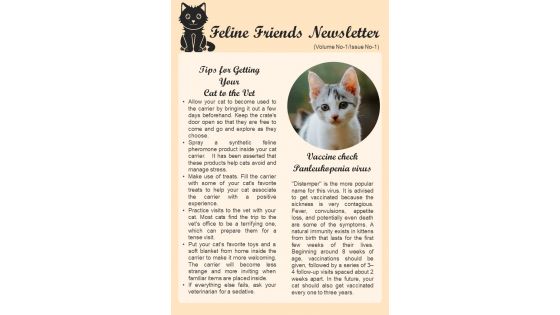 One Pager Veterinary Newsletter For Cat Care PDF Document PPT Template