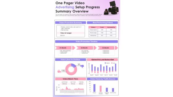 One Pager Video Advertising Setup Progress Summary Overview PDF Document PPT Template