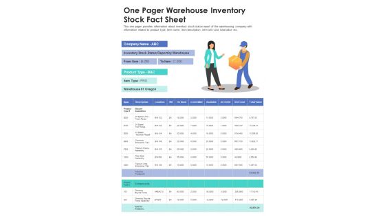One Pager Warehouse Inventory Stock Fact Sheet PDF Document PPT Template