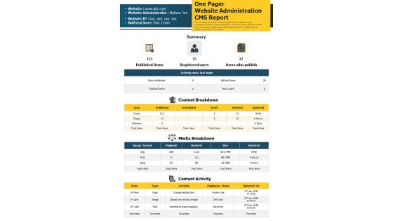 One Pager Website Administration CMS Report PDF Document PPT Template