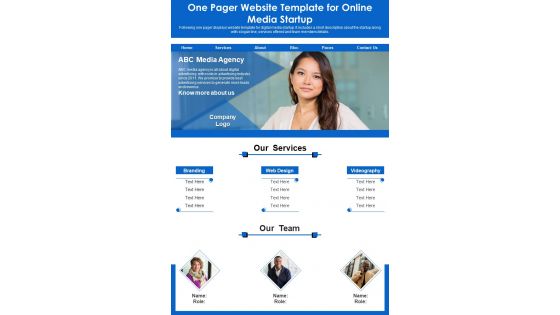 One Pager Website Template For Online Media Startup PDF Document PPT Template