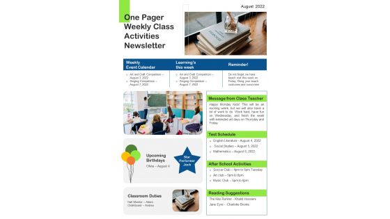 One Pager Weekly Class Activities Newsletter PDF Document PPT Template