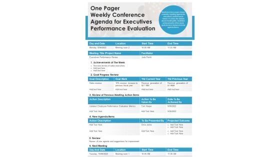 One Pager Weekly Conference Agenda For Executives Performance Evaluation PDF Document PPT Template