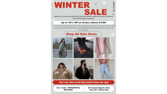 One Pager Winter Season Sale Promotional Newsletter PDF Document PPT Template