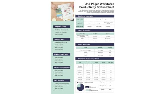 One Pager Workforce Productivity Status Sheet PDF Document PPT Template