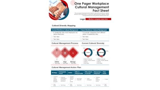 One Pager Workplace Cultural Management Fact Sheet PDF Document PPT Template