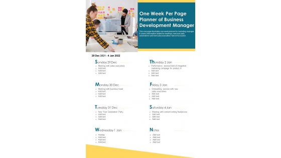 One Week Per Page Planner Of Business Development Manager PDF Document PPT Template