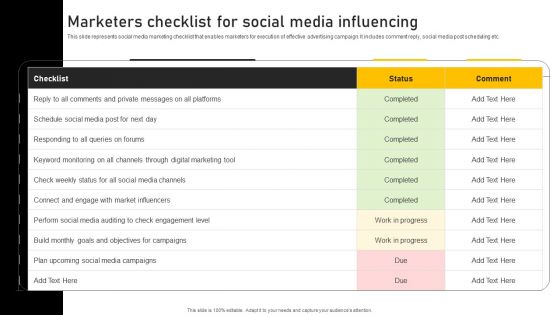 Online Ads Strategic Plan For Effective Marketing Marketers Checklist For Social Media Influencing Mockup PDF