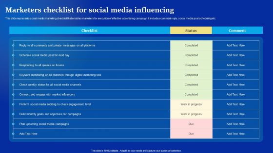 Online Advertising Campaign For Brand Recognition Marketers Checklist For Social Media Influencing Template PDF