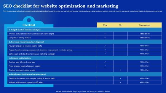 Online Advertising Campaign For Brand Recognition SEO Checklist For Website Optimization And Marketing Summary PDF