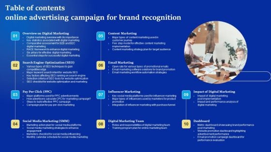 Online Advertising Campaign For Brand Recognition Table Of Contents Themes PDF