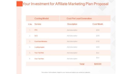 Online Advertising Plan Proposal Your Investment For Affiliate Marketing Plan Proposal Ppt Layouts Graphics Template PDF