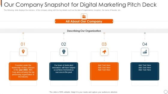Online Advertising Service Investor Capital Raising Our Company Snapshot For Digital Marketing Pitch Deck Guidelines PDF Online Advertising Service Investor Capital Raising Our Company Snapshot For Digital Marketing Pitch Deck Guidelines PDF
