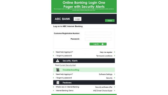 Online Banking Login One Pager With Security Alerts PDF Document PPT Template