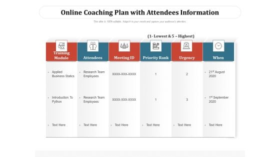 Online Coaching Plan With Attendees Information Ppt PowerPoint Presentation Portfolio Slideshow PDF