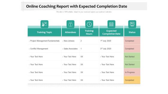 Online Coaching Report With Expected Completion Date Ppt PowerPoint Presentation Portfolio Graphics Design PDF