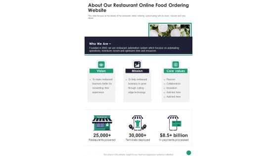 Online Food Ordering Website Project For Restaurants About Our Restaurant Online One Pager Sample Example Document