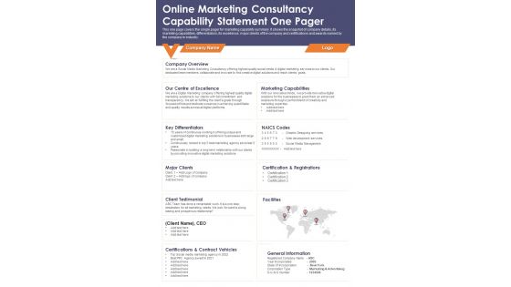 Online Marketing Consultancy Capability Statement One Pager PDF Document PPT Template