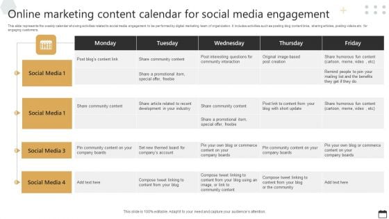 Online Marketing Content Calendar For Social Media Engagement Download PDF