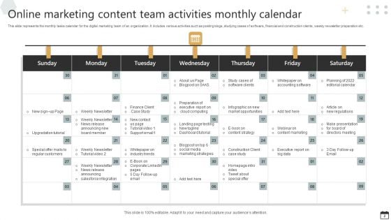 Online Marketing Content Calendar Ppt PowerPoint Presentation Complete Deck With Slides