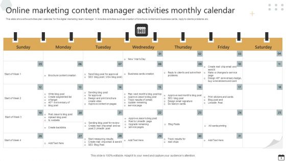 Online Marketing Content Calendar Ppt PowerPoint Presentation Complete Deck With Slides