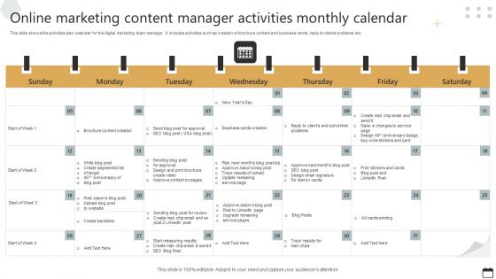 Online Marketing Content Manager Activities Monthly Calendar Template PDF