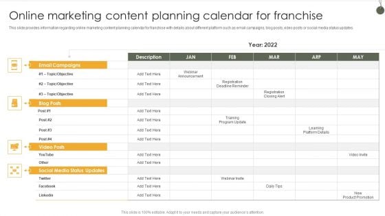 Online Marketing Content Planning Calendar For Franchise Sample PDF