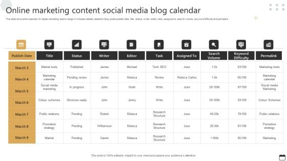 Online Marketing Content Social Media Blog Calendar Download PDF