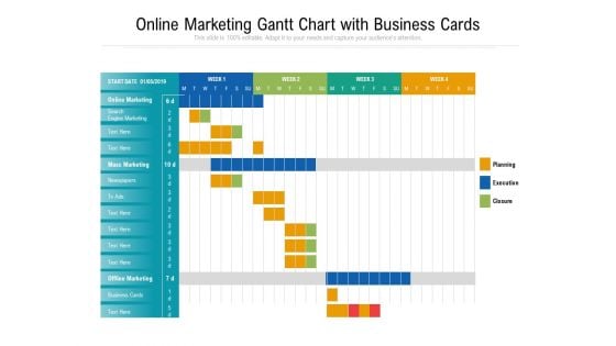 Online Marketing Gantt Chart With Business Cards Ppt PowerPoint Presentation File Example PDF