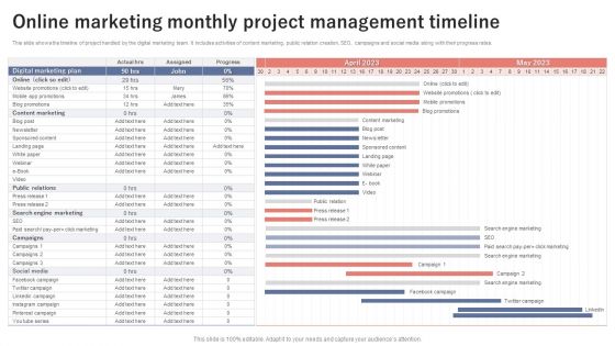 Online Marketing Monthly Project Management Timeline Slides PDF