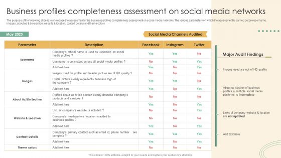 Online Marketing Techniques Assessment Approach Business Profiles Completeness Assessment On Social Media Pictures PDF Online Marketing Techniques Assessment Approach Business Profiles Completeness Assessment On Social Media Pictures PDF
