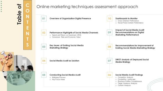 Online Marketing Techniques Assessment Approach Table Of Contents Structure PDF