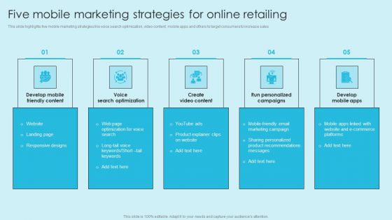 Online Marketing Techniques For Acquiring Clients Five Mobile Marketing Strategies Template PDF