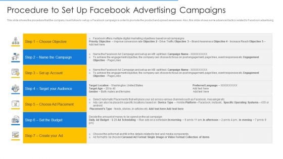 Online Merchandising Techniques Enhance Conversion Rate Procedure To Set Up Facebook Advertising Campaigns Infographics PDF