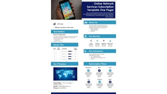 Online Network Services Subscription Template One Pager PDF Document PPT Template