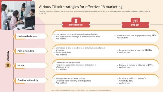 Online PR Techniques To Boost Brands Online Visibility Various Tiktok Strategies For Effective PR Marketing Demonstration PDF