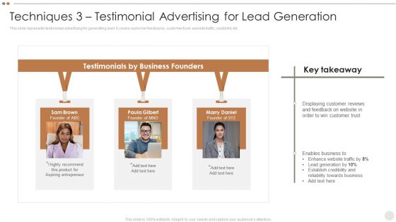 Online Promotional Techniques To Increase Techniques 3 Testimonial Advertising For Lead Generation Mockup PDF