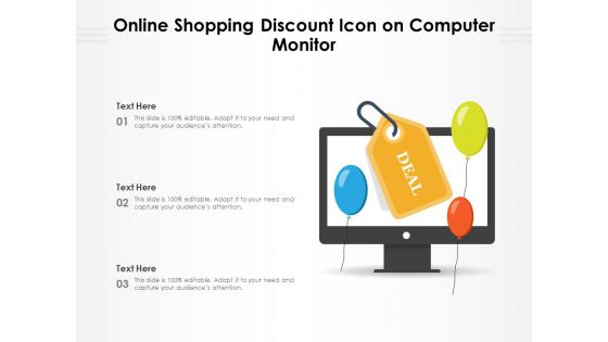 Online Shopping Discount Icon On Computer Monitor Ppt PowerPoint Presentation Professional Graphic Tips PDF