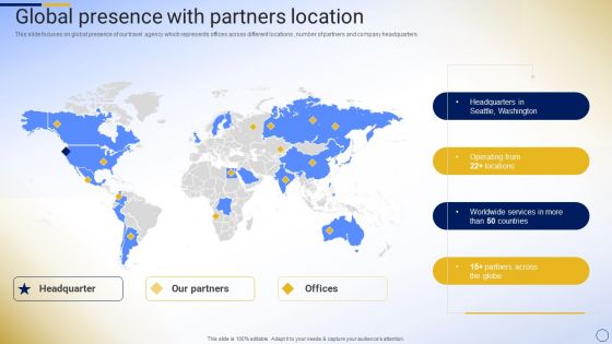 Online Tour And Travel Company Profile Global Presence With Partners Location Infographics PDF