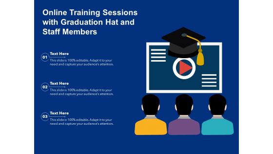 Online Training Sessions With Graduation Hat And Staff Members Ppt PowerPoint Presentation Outline Graphics PDF