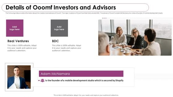 Ooomf Now Crew Capital Raising Elevator Pitch Deck Details Of Ooomf Investors And Advisors Professional PDF