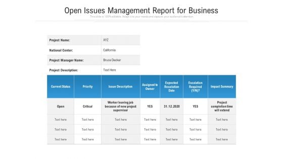 Open Issues Management Report For Business Ppt PowerPoint Presentation File Gallery PDF
