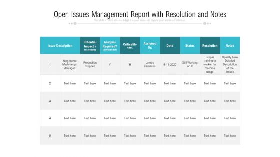 Open Issues Management Report With Resolution And Notes Ppt PowerPoint Presentation File Icons PDF