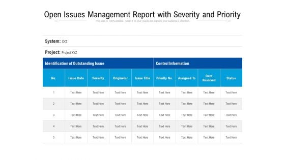 Open Issues Management Report With Severity And Priority Ppt PowerPoint Presentation Gallery Influencers PDF