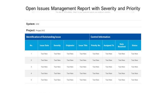 Open Issues Management Report With Severity And Priority Ppt PowerPoint Presentation Gallery Influencers PDF
