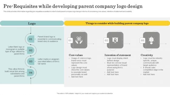 Optimize Brand Valuation Pre Requisites While Developing Parent Company Logo Design Diagrams PDF