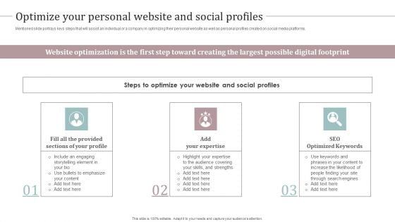 Optimize Your Personal Website And Social Profiles Ultimate Guide To Develop Personal Branding Strategy Introduction PDF