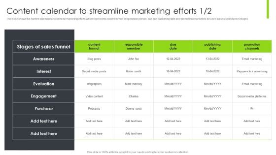 Optimizing Content Marketing Strategies To Enhance Conversion Rate Content Calendar To Streamline Marketing Efforts Professional PDF